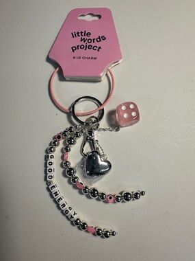 Little Words Project Pink Heart Dice Bag Charm Keychain word GOOD ENERGY